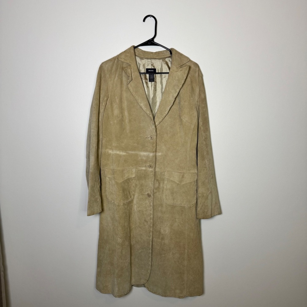 Vintage Mexx European Suede Trench Coat 90s Y2K Whipstitch Size 12 Equestrian